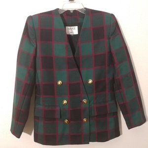 Collarless Vintage KASPER ASL Green, Red, & Black Wool  Blazer Size:  6